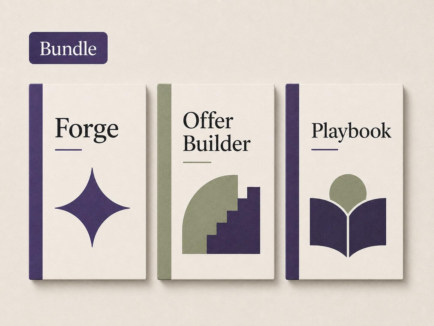 Poster bundle yang menunjukkan tiga aset: Forge, Offer Builder, dan Playbook.