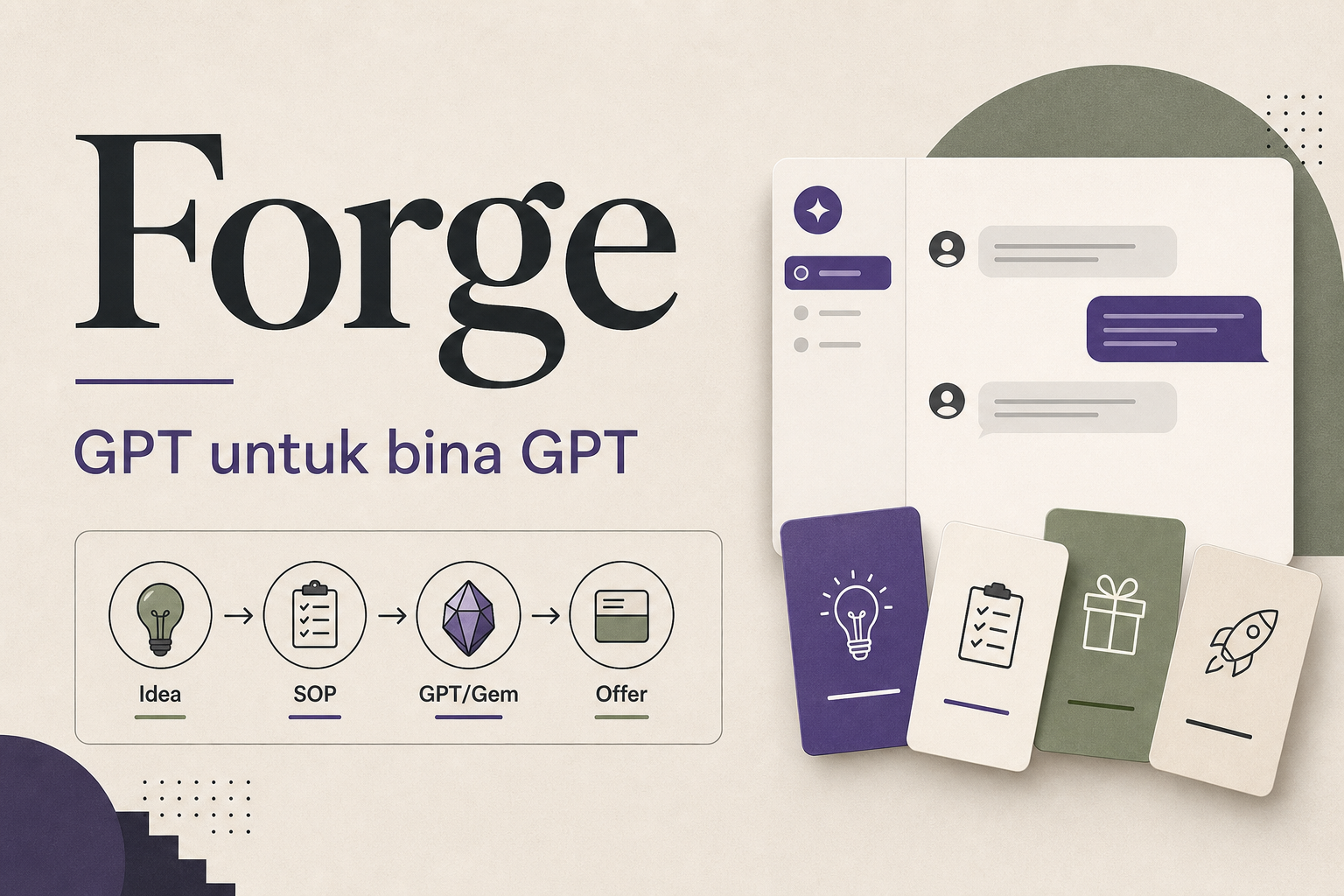 Poster pengumuman Forge dengan panel sembang AI dan aliran Idea, SOP, GPT atau Gem, dan Offer.